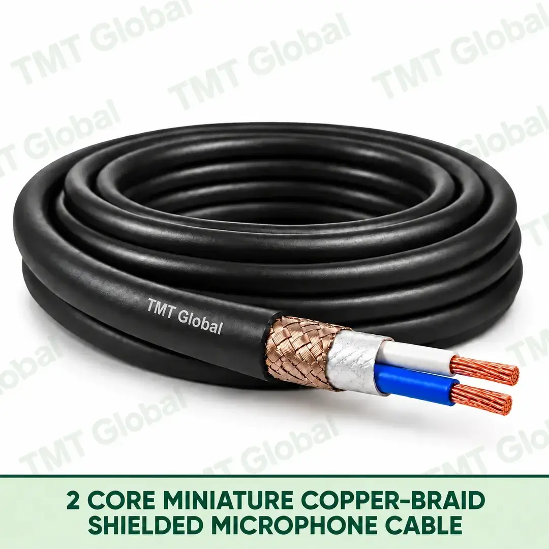 TMT Global 2 Core Miniature Copper Braid Shielded Microphone Cable product image showing the cable coil and exposed conductor cutaway. TMT Global 2 Core Miniature Copper Braid Shielded Microphone Cable product image showing the cable coil and exposed conductor cutaway.