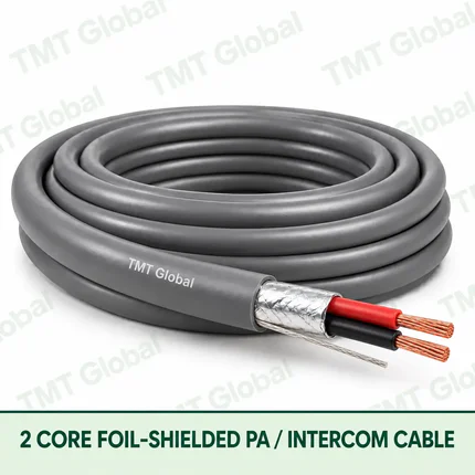 TMT Global 2 Core Foil Shielded PA Intercom Cable product image showing the cable coil and exposed conductor cutaway.