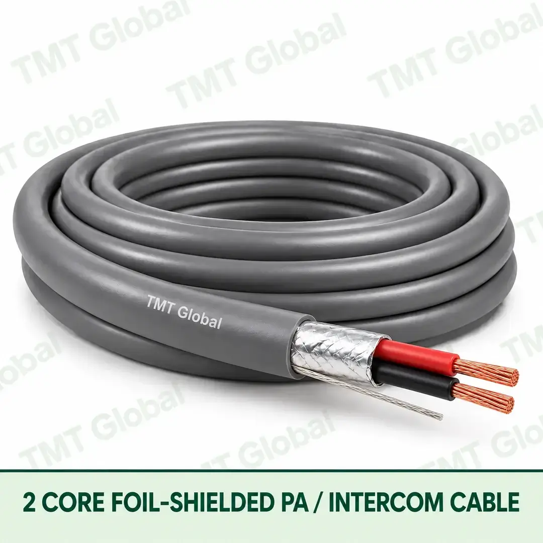 TMT Global 2 Core Foil Shielded PA Intercom Cable product image showing the cable coil and exposed conductor cutaway. TMT Global 2 Core Foil Shielded PA Intercom Cable product image showing the cable coil and exposed conductor cutaway.