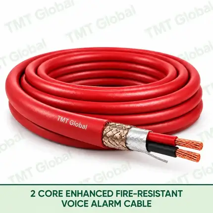 TMT Global 2 Core Enhanced Fire Resistant Voice Alarm Cable product image showing the cable coil and exposed conductor cutaway.