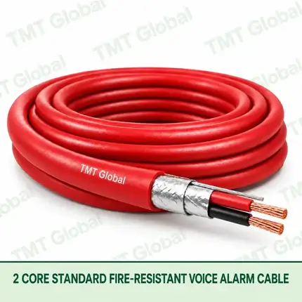 TMT Global 2 Core Standard Fire Resistant Voice Alarm Cable product image showing the cable coil and exposed conductor cutaway.