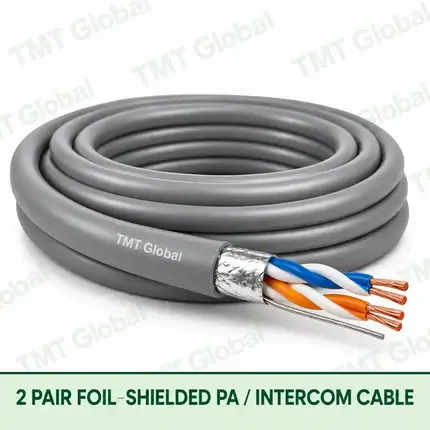 TMT Global 2 Pair Foil Shielded PA Intercom Cable product image showing the cable coil and exposed conductor cutaway.