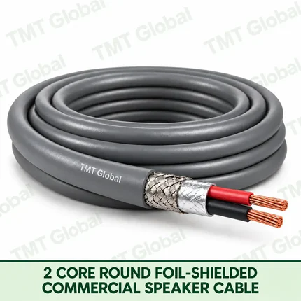 TMT Global 2 Core Round Foil Shielded Commercial Speaker Cable product image showing the cable coil and exposed conductors.