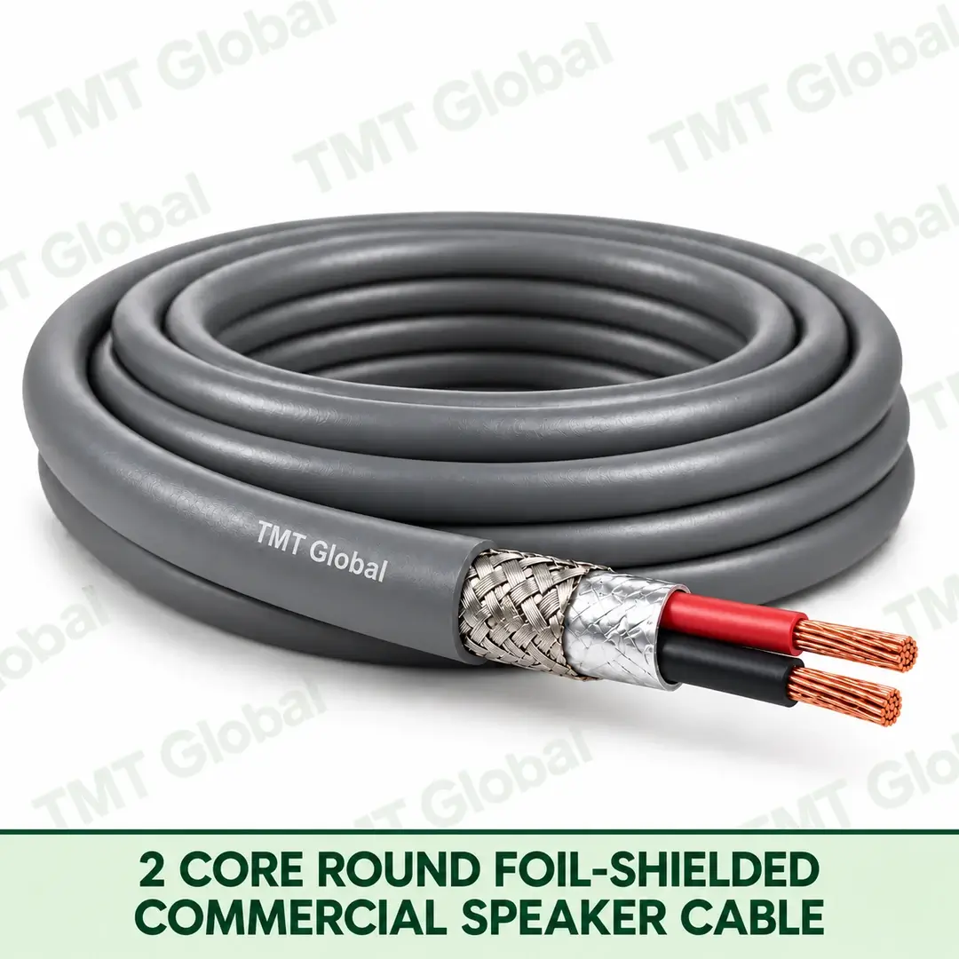 TMT Global 2 Core Round Foil Shielded Commercial Speaker Cable product image showing the cable coil and exposed conductors. TMT Global 2 Core Round Foil Shielded Commercial Speaker Cable product image showing the cable coil and exposed conductors.