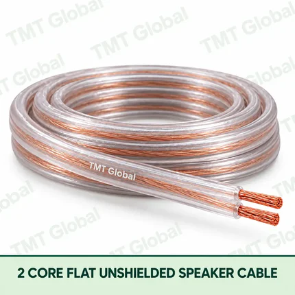 TMT Global 2 Core Flat Unshielded Speaker Cable product image showing the flat cable coil and exposed conductors.