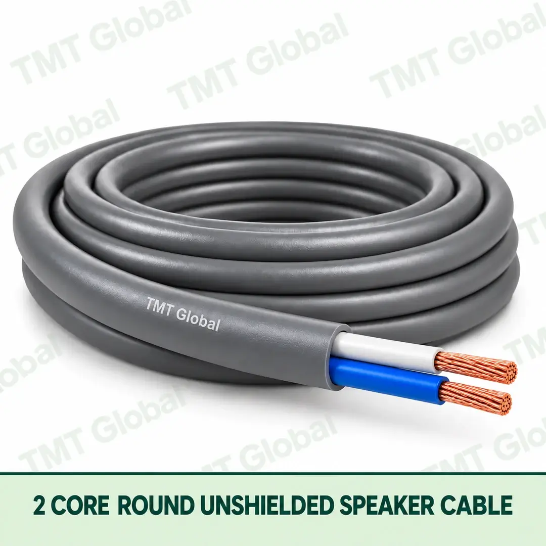 TMT Global 2 Core Round Unshielded Speaker Cable product image showing the cable coil and exposed conductors. TMT Global 2 Core Round Unshielded Speaker Cable product image showing the cable coil and exposed conductors.