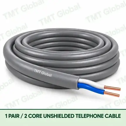 TMT Global 1 Pair 2 Core Unshielded Telephone Cable product image showing the cable coil and exposed conductor cutaway.