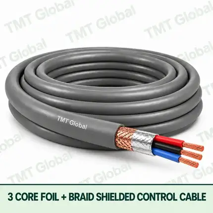 TMT Global 3 core Foil + Braid Shielded Control Cable, with 3 visible copper conductors; foil + braid shielded.