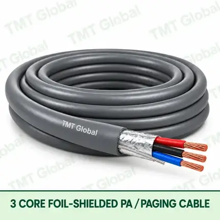 TMT Global 3 Core Foil Shielded PA Paging Cable product image showing the cable coil and exposed conductor cutaway.