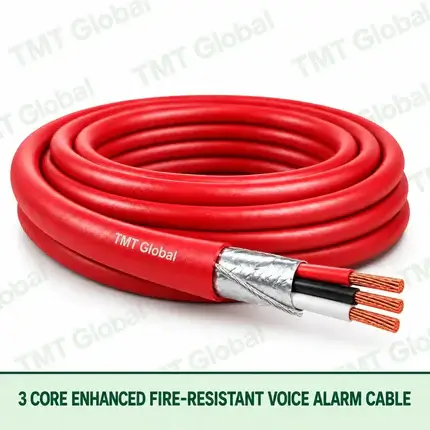 TMT Global 3 Core Enhanced Fire Resistant Voice Alarm Cable product image showing the cable coil and exposed conductor cutaway.