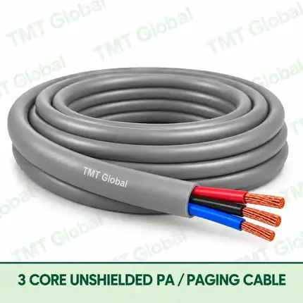 TMT Global 3 Core Unshielded PA Paging Cable product image showing the cable coil and exposed conductor cutaway.