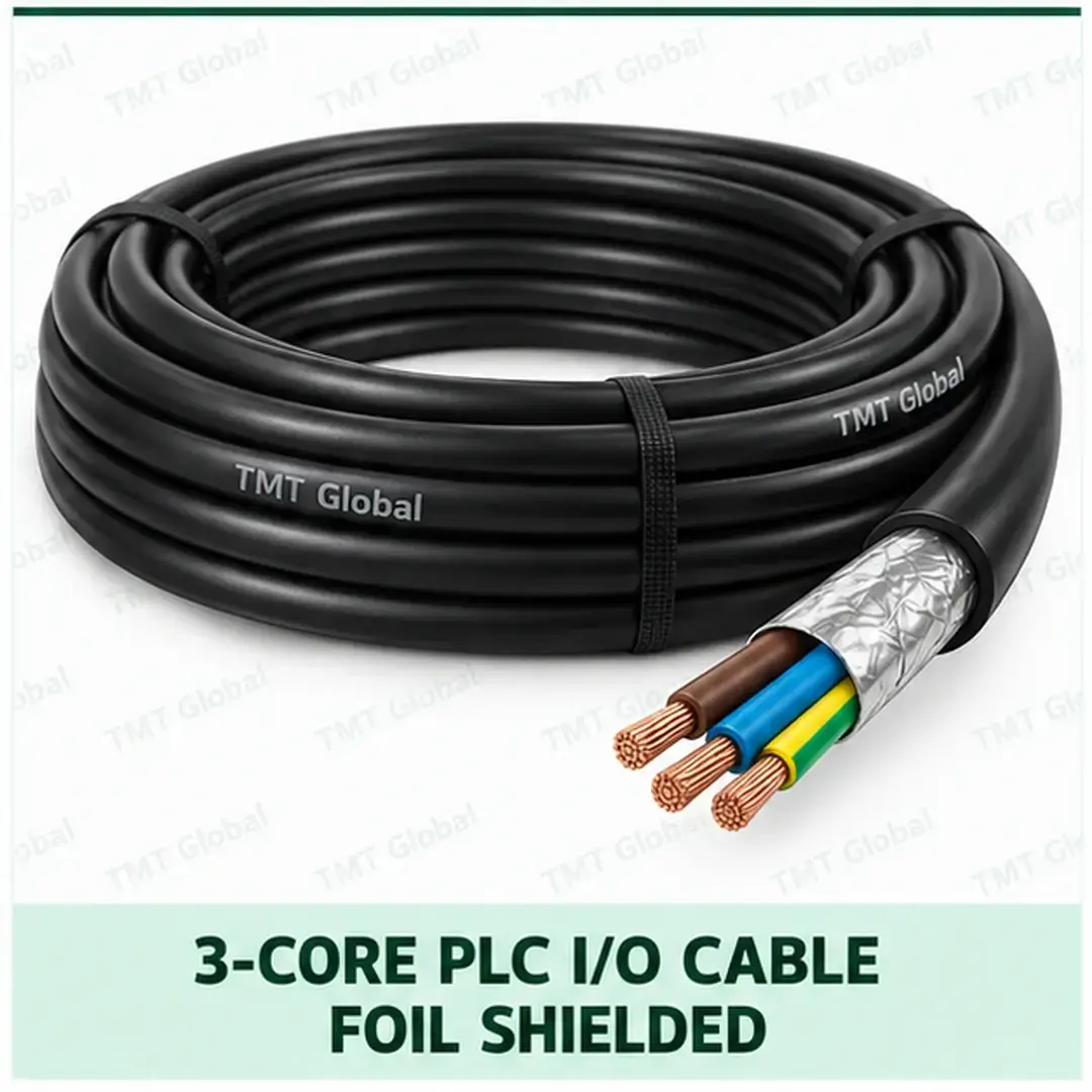 TMT Global 3 core foil shielded PLC I/O cable, with 3 visible copper conductors. TMT Global 3 core foil shielded PLC I/O cable, with 3 visible copper conductors.