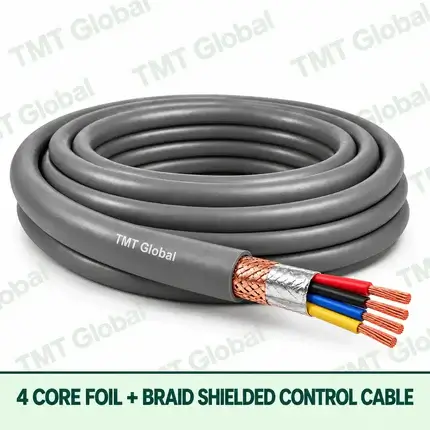 TMT Global 4 core Foil + Braid Shielded Control Cable, with 4 visible copper conductors; foil + braid shielded.