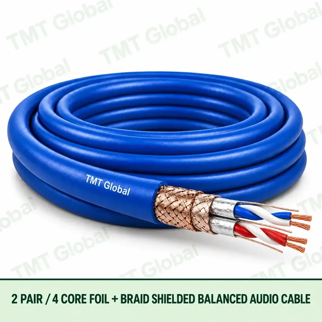TMT Global 2 Pair 4 Core Foil plus Braid Shielded Balanced Audio Cable product image showing the cable coil and exposed conductor cutaway. TMT Global 2 Pair 4 Core Foil plus Braid Shielded Balanced Audio Cable product image showing the cable coil and exposed conductor cutaway.