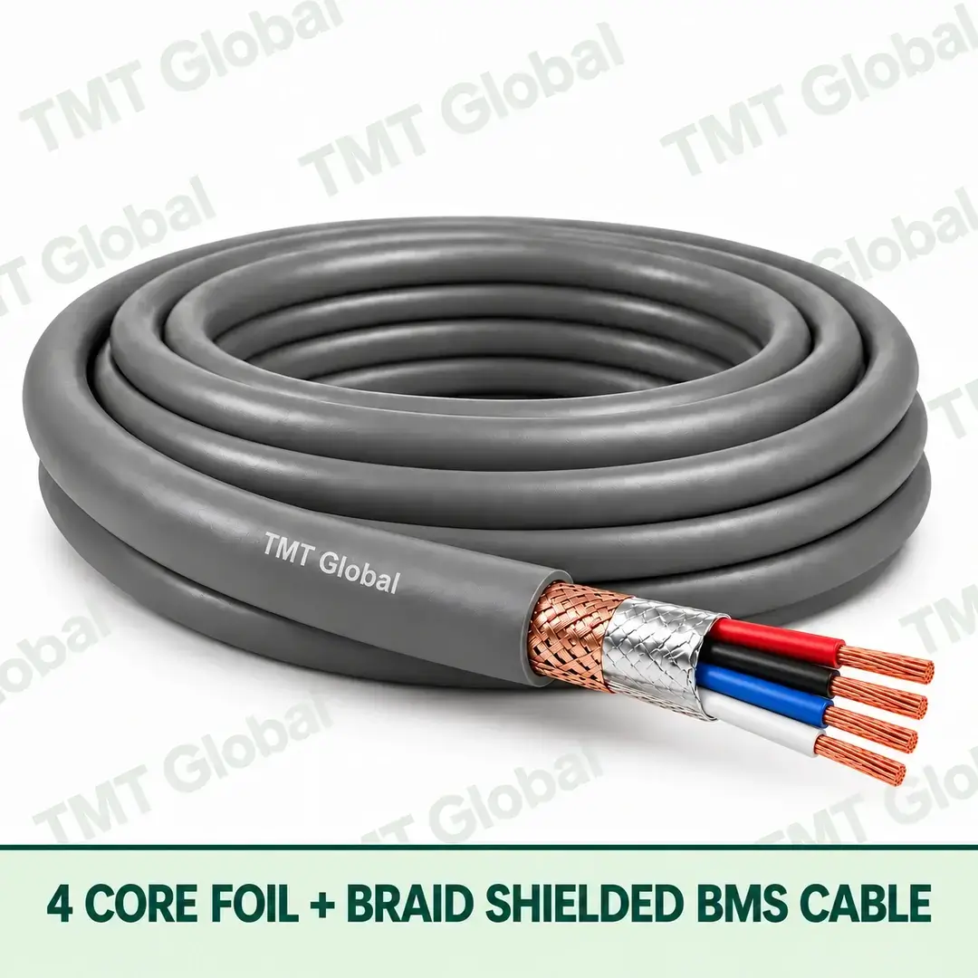 TMT Global 4 Core Foil And Braid Shielded BMS Cable product cable with 4 clearly visible conductors; foil and braid shielded. TMT Global 4 Core Foil And Braid Shielded BMS Cable product cable with 4 clearly visible conductors; foil and braid shielded.