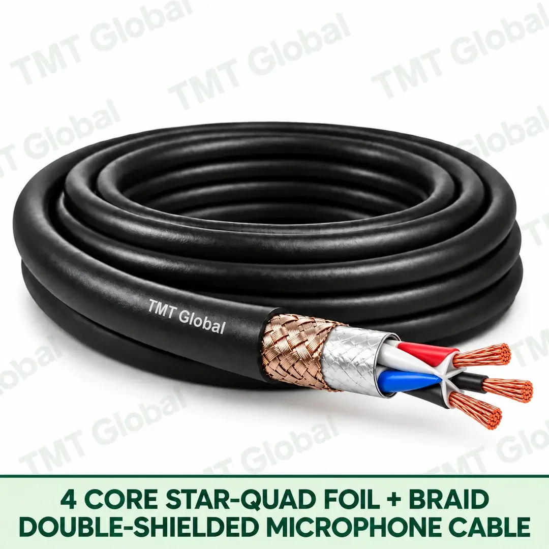TMT Global 4 Core Star Quad Foil plus Braid Double Shielded Microphone Cable product image showing the cable coil and exposed conductors. TMT Global 4 Core Star Quad Foil plus Braid Double Shielded Microphone Cable product image showing the cable coil and exposed conductors.