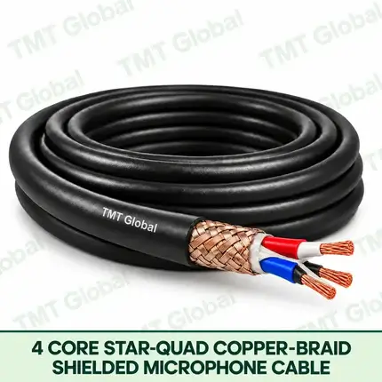 TMT Global 4 Core Star Quad Copper Braid Shielded Microphone Cable product image showing the cable coil and exposed conductor cutaway.