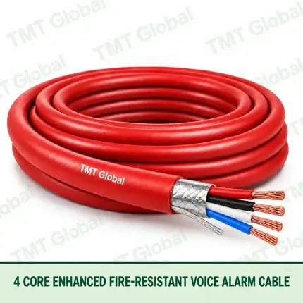TMT Global 4 Core Enhanced Fire Resistant Voice Alarm Cable product image showing the cable coil and exposed conductor cutaway.