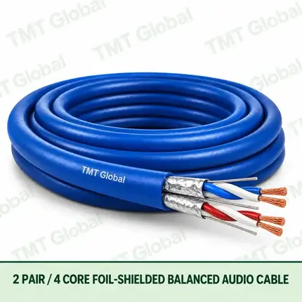 TMT Global 2 Pair 4 Core Foil Shielded Balanced Audio Cable product image showing the cable coil and exposed conductor cutaway.