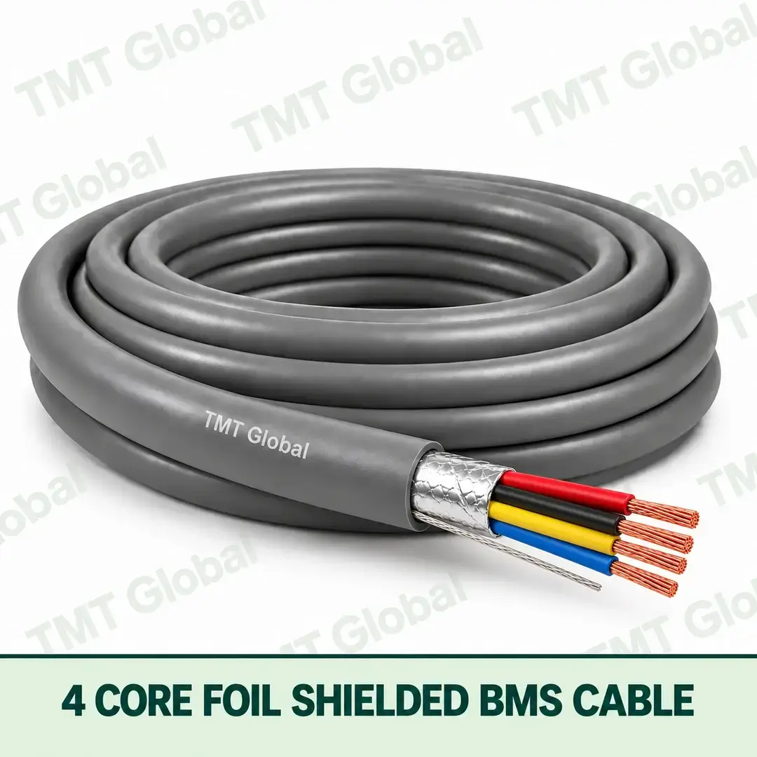 TMT Global 4 Core Foil Shielded BMS Cable product cable with 4 clearly visible conductors; foil shielded. TMT Global 4 Core Foil Shielded BMS Cable product cable with 4 clearly visible conductors; foil shielded.
