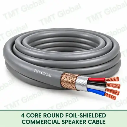 TMT Global 4 Core Round Foil Shielded Commercial Speaker Cable product image showing the cable coil and exposed conductors.
