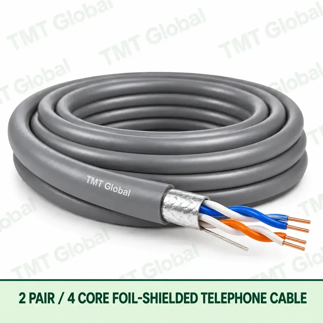 TMT Global 2 Pair 4 Core Foil Shielded Telephone Cable product image showing the cable coil and exposed conductor cutaway. TMT Global 2 Pair 4 Core Foil Shielded Telephone Cable product image showing the cable coil and exposed conductor cutaway.