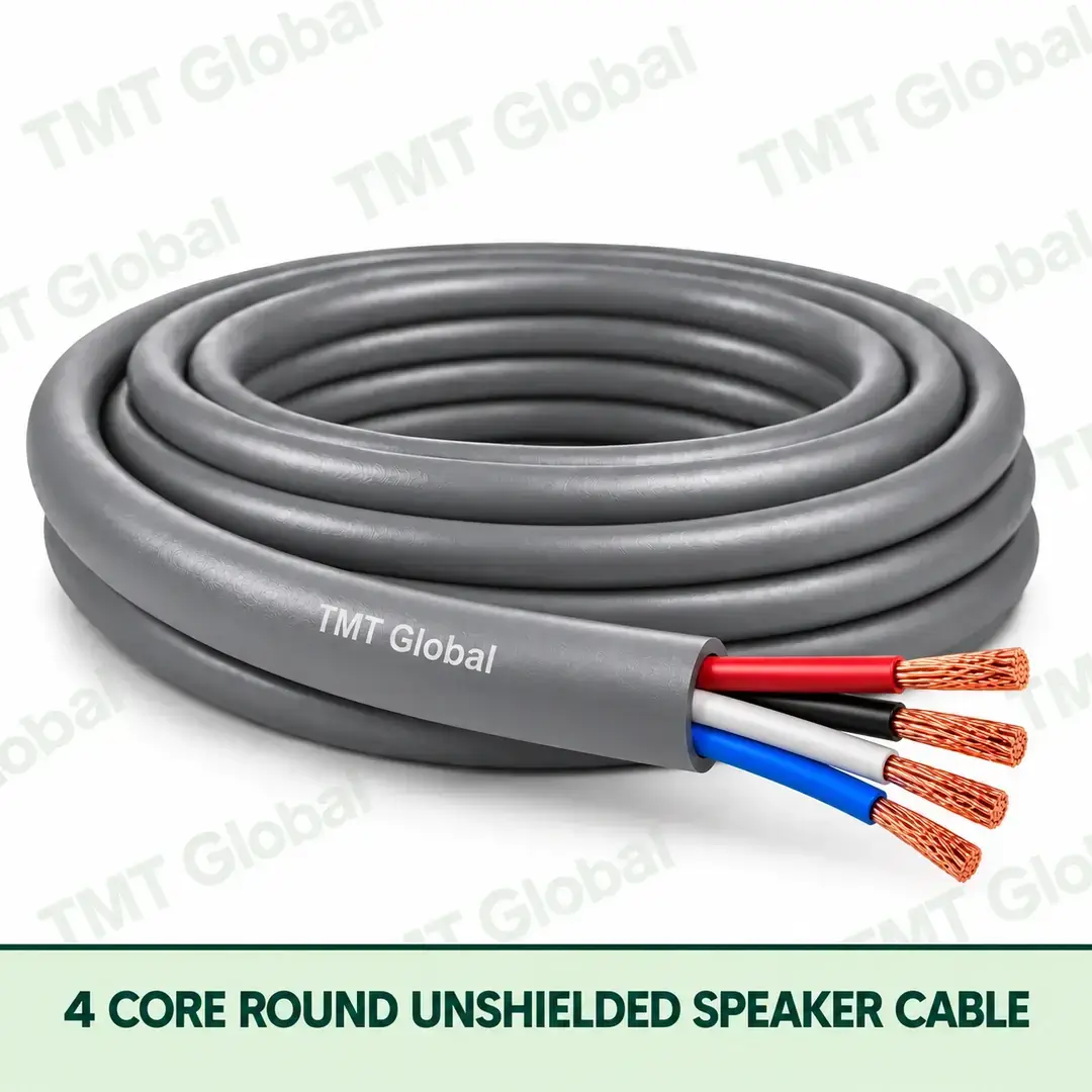 TMT Global 4 Core Round Unshielded Speaker Cable product image showing the cable coil and exposed conductors. TMT Global 4 Core Round Unshielded Speaker Cable product image showing the cable coil and exposed conductors.