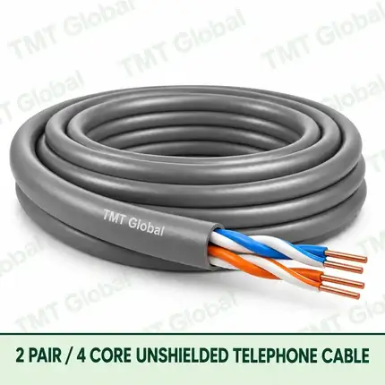 TMT Global 2 Pair 4 Core Unshielded Telephone Cable product image showing the cable coil and exposed conductor cutaway.