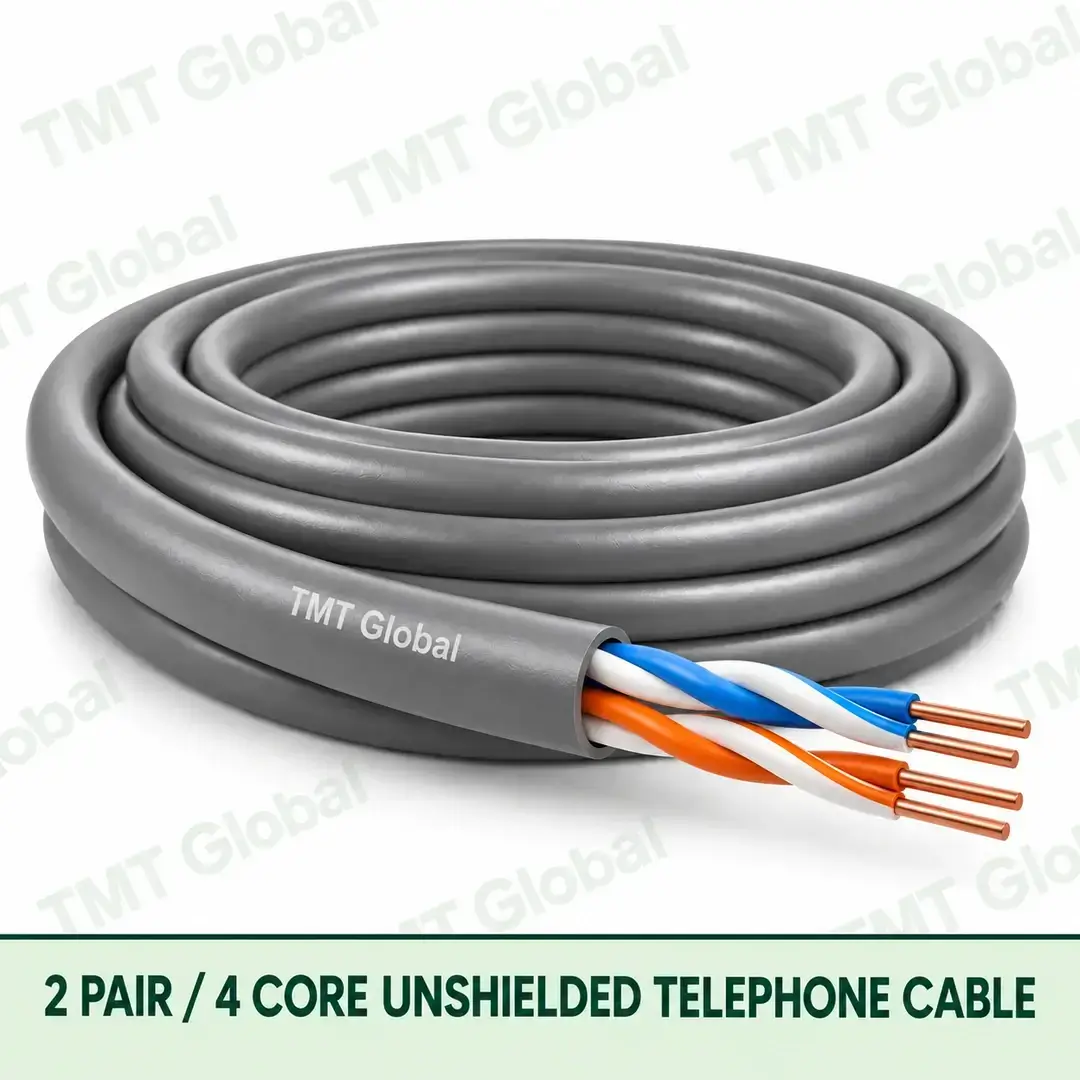 TMT Global 2 Pair 4 Core Unshielded Telephone Cable product image showing the cable coil and exposed conductor cutaway. TMT Global 2 Pair 4 Core Unshielded Telephone Cable product image showing the cable coil and exposed conductor cutaway.