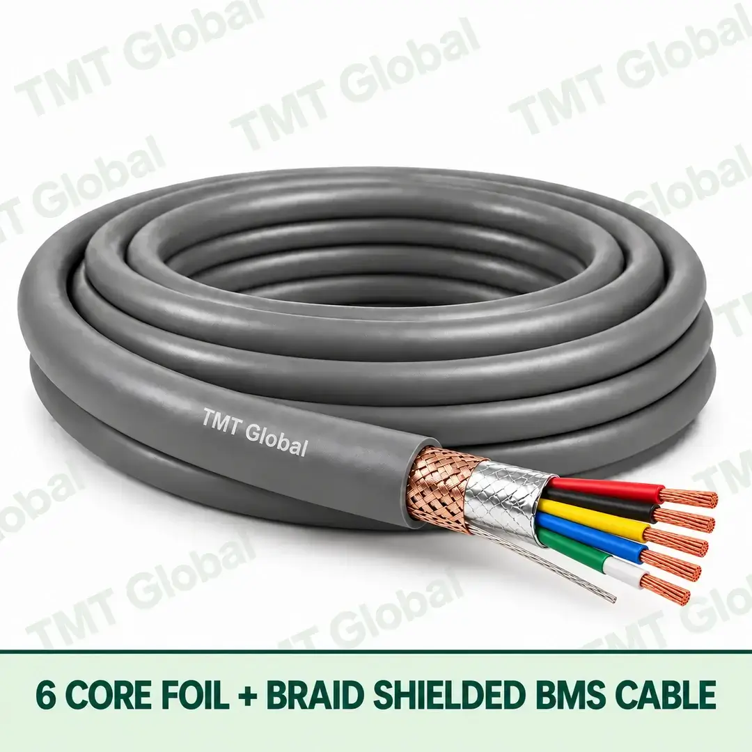 TMT Global 6 Core Foil And Braid Shielded BMS Cable product cable with 6 clearly visible conductors; foil and braid shielded. TMT Global 6 Core Foil And Braid Shielded BMS Cable product cable with 6 clearly visible conductors; foil and braid shielded.