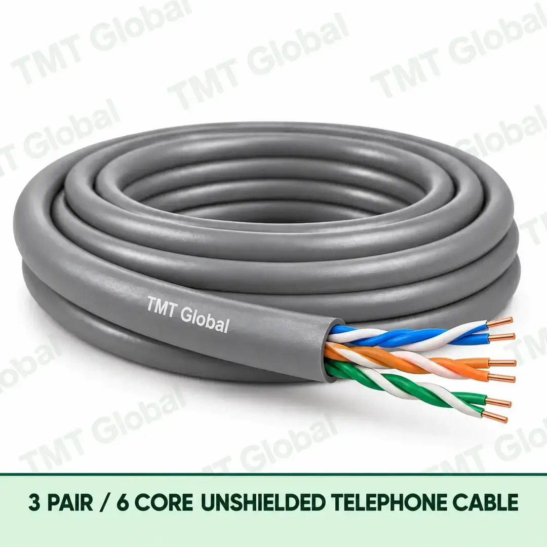 TMT Global 3 Pair 6 Core Unshielded Telephone Cable product image showing the cable coil and exposed conductor cutaway. TMT Global 3 Pair 6 Core Unshielded Telephone Cable product image showing the cable coil and exposed conductor cutaway.
