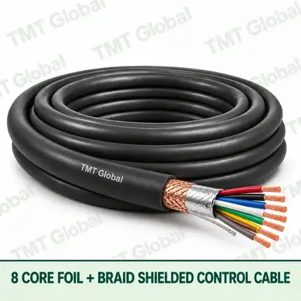 TMT Global 8 core Foil + Braid Shielded Control Cable, with 8 visible copper conductors; foil + braid shielded.