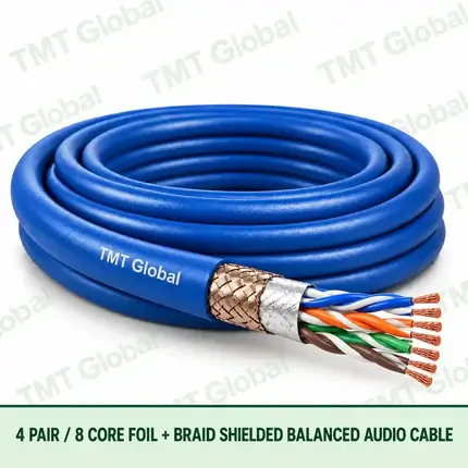 TMT Global 4 Pair 8 Core Foil plus Braid Shielded Balanced Audio Cable product image showing the cable coil and exposed conductor cutaway.