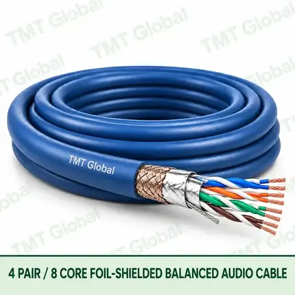 TMT Global 4 Pair 8 Core Foil Shielded Balanced Audio Cable product image showing the cable coil and exposed conductor cutaway.
