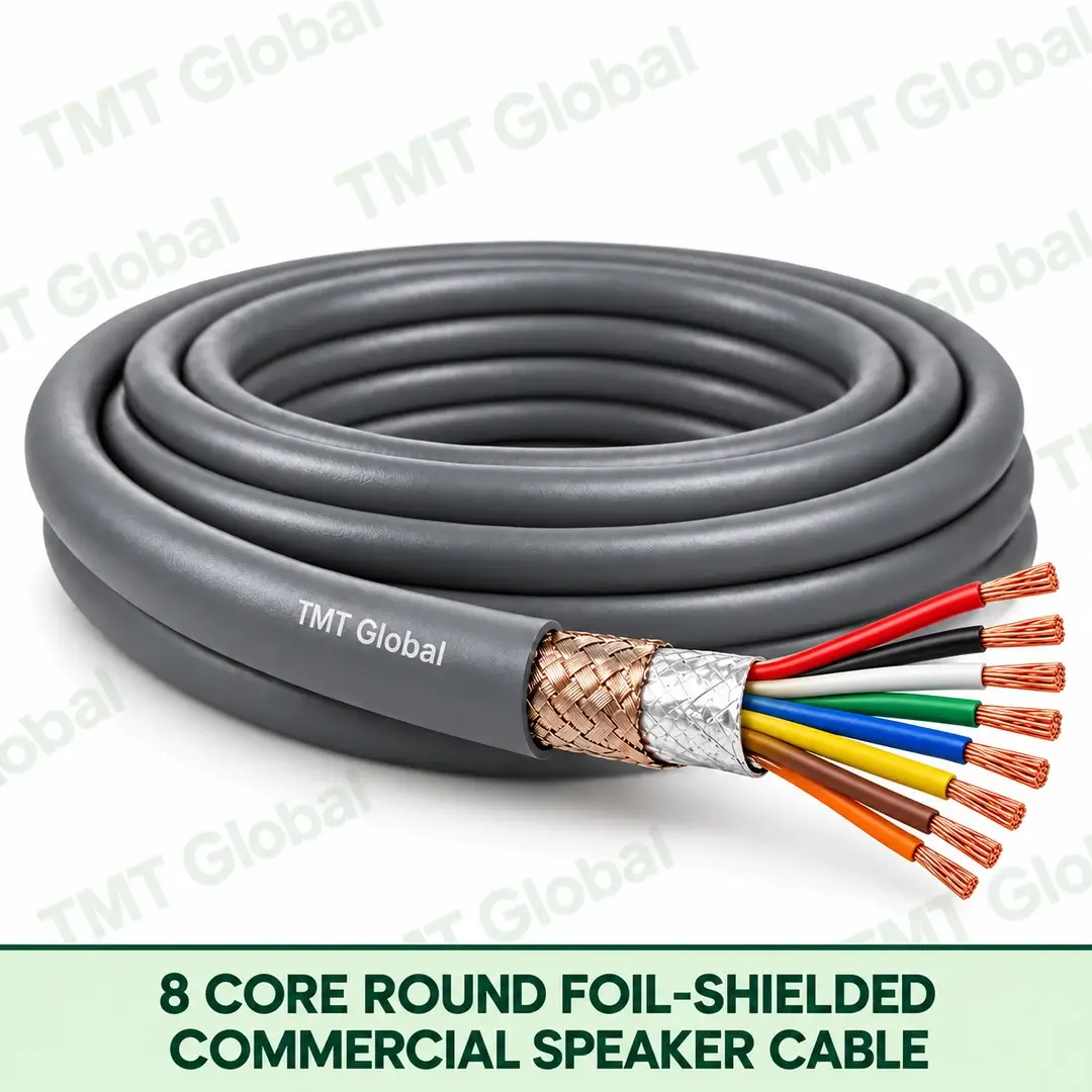 TMT Global 8 Core Round Foil Shielded Commercial Speaker Cable product image showing the cable coil and exposed conductors. TMT Global 8 Core Round Foil Shielded Commercial Speaker Cable product image showing the cable coil and exposed conductors.