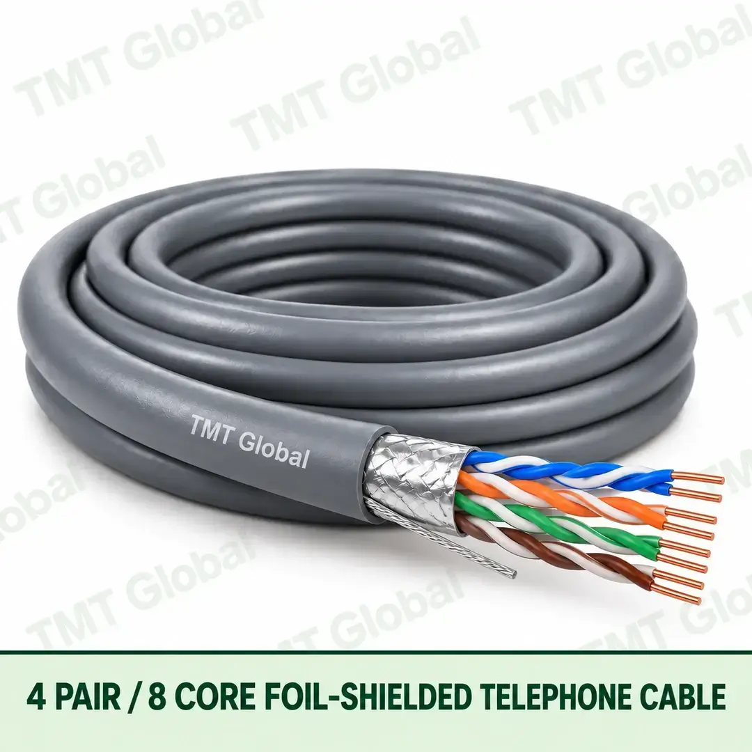 TMT Global 4 Pair 8 Core Foil Shielded Telephone Cable product image showing the cable coil and exposed conductor cutaway. TMT Global 4 Pair 8 Core Foil Shielded Telephone Cable product image showing the cable coil and exposed conductor cutaway.