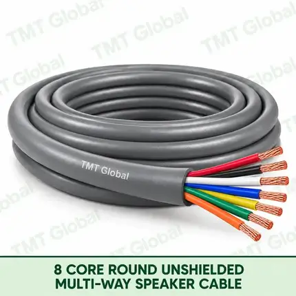 TMT Global 8 Core Round Unshielded Multi-Way Speaker Cable product image showing the cable coil and exposed conductors.
