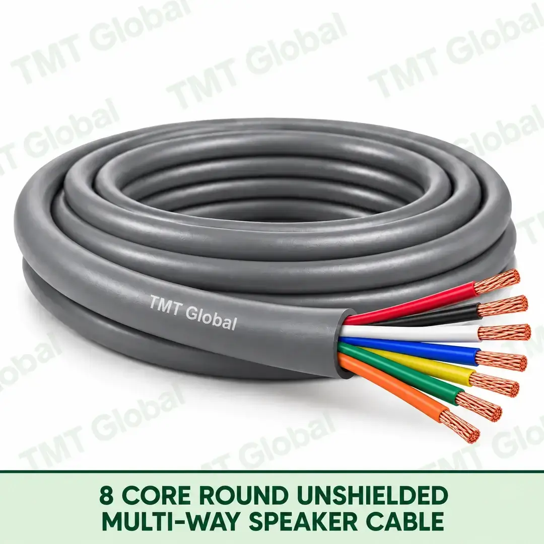 TMT Global 8 Core Round Unshielded Multi-Way Speaker Cable product image showing the cable coil and exposed conductors. TMT Global 8 Core Round Unshielded Multi-Way Speaker Cable product image showing the cable coil and exposed conductors.