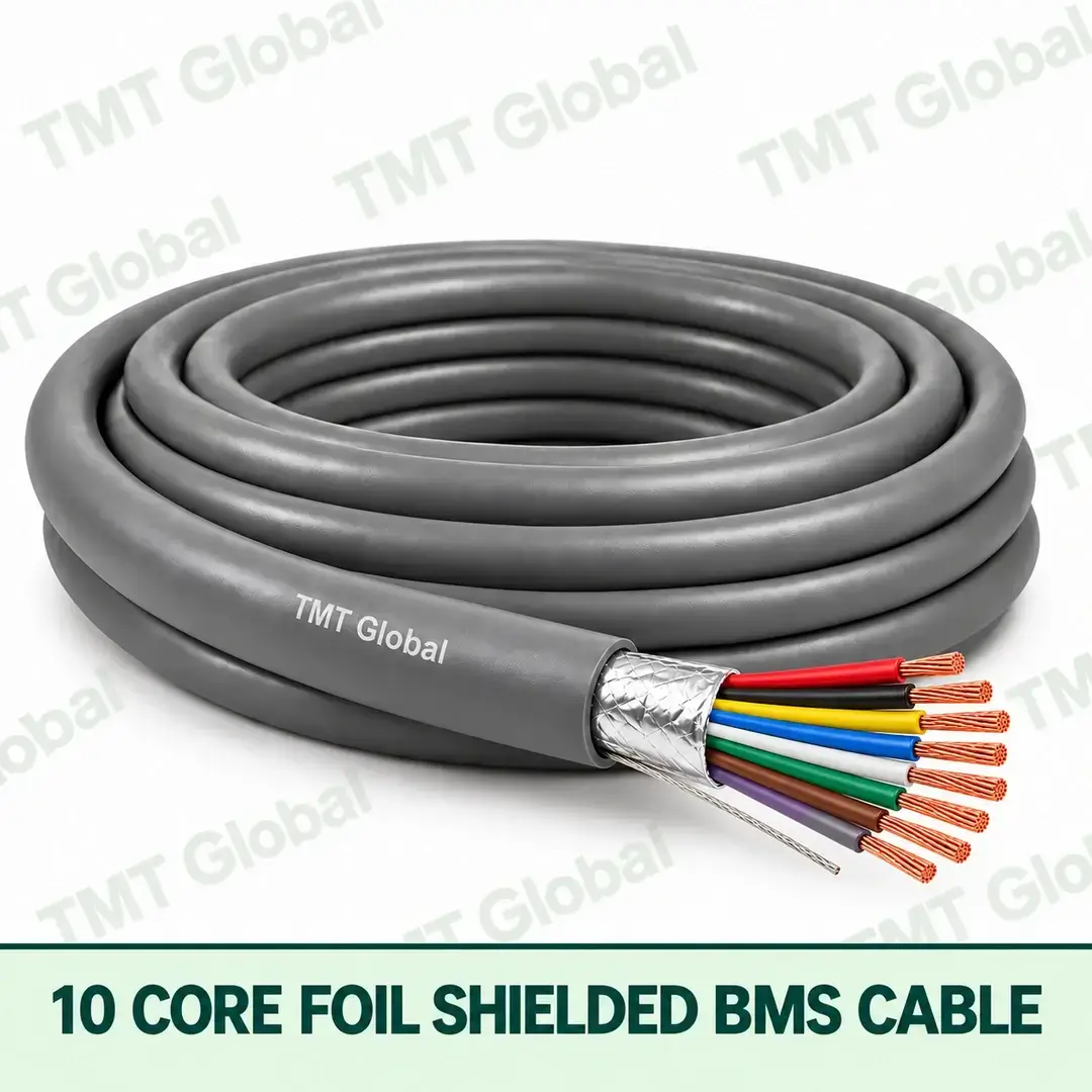 TMT Global 10 Core Foil Shielded BMS Cable product cable with 10 clearly visible conductors; foil shielded. TMT Global 10 Core Foil Shielded BMS Cable product cable with 10 clearly visible conductors; foil shielded.
