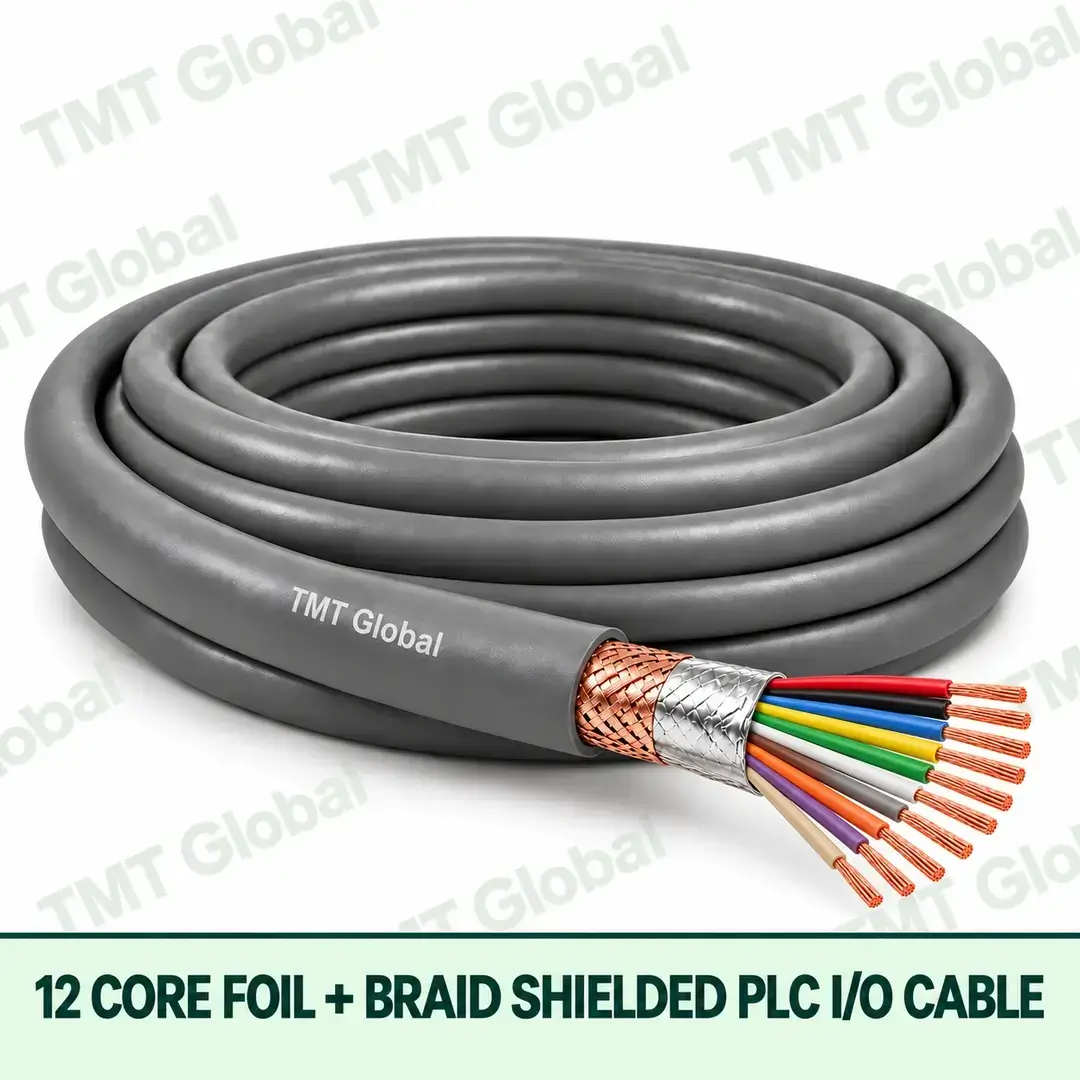 TMT Global 12 core foil + braid shielded PLC I/O cable, with 12 visible copper conductors. TMT Global 12 core foil + braid shielded PLC I/O cable, with 12 visible copper conductors.
