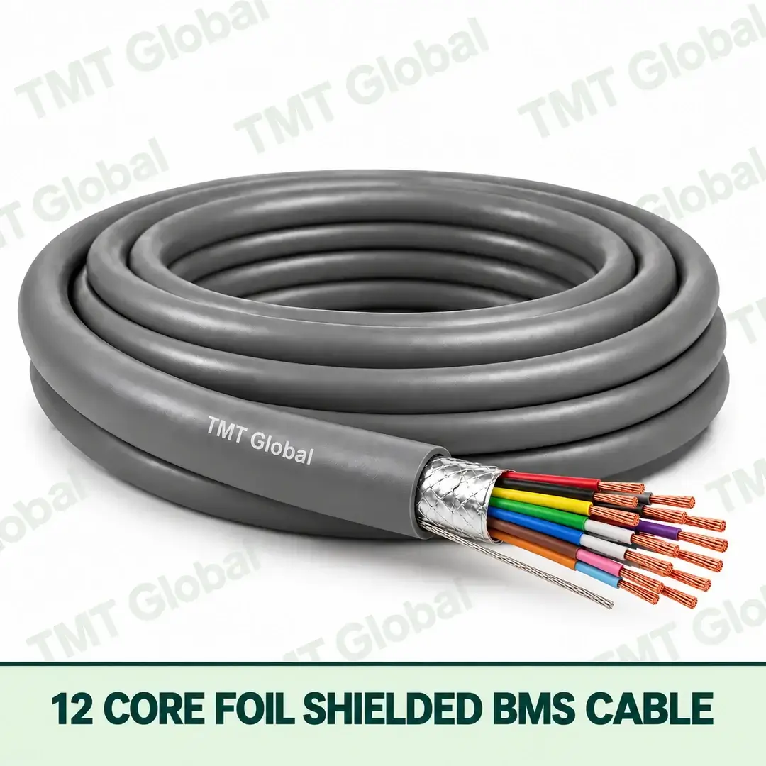 TMT Global 12 Core Foil Shielded BMS Cable product cable with 12 clearly visible conductors; foil shielded. TMT Global 12 Core Foil Shielded BMS Cable product cable with 12 clearly visible conductors; foil shielded.