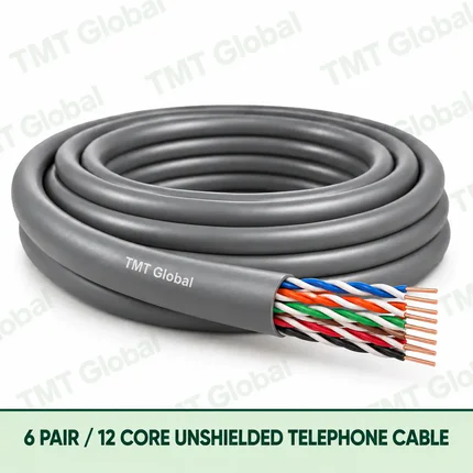 TMT Global 6 Pair 12 Core Unshielded Telephone Cable product image showing the cable coil and exposed conductor cutaway.
