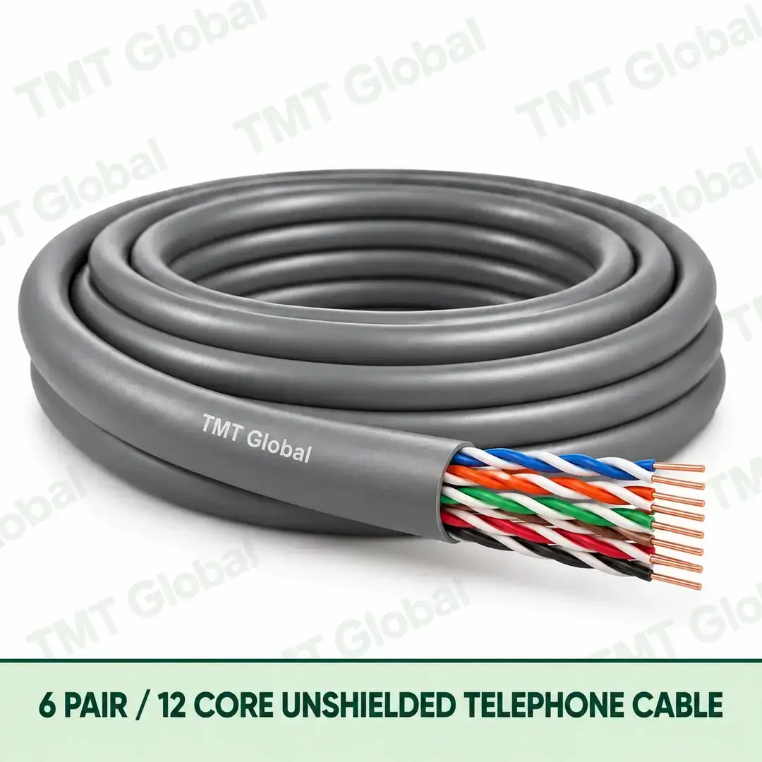 TMT Global 6 Pair 12 Core Unshielded Telephone Cable product image showing the cable coil and exposed conductor cutaway. TMT Global 6 Pair 12 Core Unshielded Telephone Cable product image showing the cable coil and exposed conductor cutaway.
