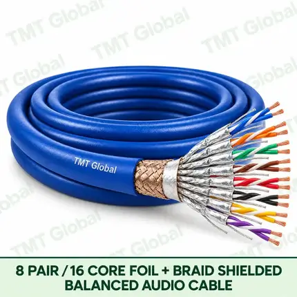 TMT Global 8 Pair 16 Core Foil plus Braid Shielded Balanced Audio Cable product image showing the cable coil and exposed conductor cutaway.