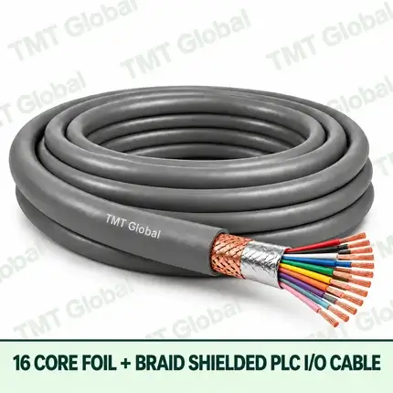 TMT Global 16 core foil + braid shielded PLC I/O cable, with 16 visible copper conductors.