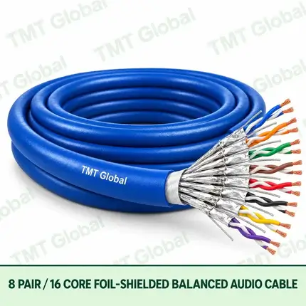 TMT Global 8 Pair 16 Core Foil Shielded Balanced Audio Cable product image showing the cable coil and exposed conductor cutaway.