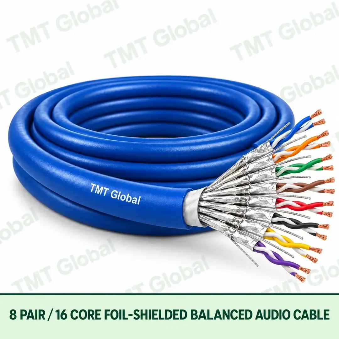 TMT Global 8 Pair 16 Core Foil Shielded Balanced Audio Cable product image showing the cable coil and exposed conductor cutaway. TMT Global 8 Pair 16 Core Foil Shielded Balanced Audio Cable product image showing the cable coil and exposed conductor cutaway.
