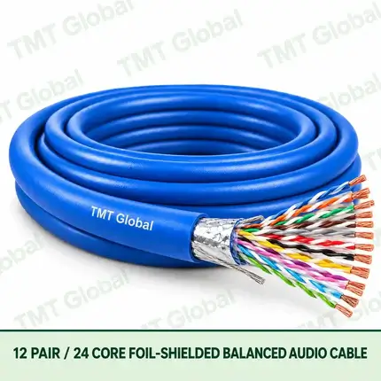 TMT Global 12 Pair 24 Core Foil Shielded Balanced Audio Cable product image showing the cable coil and exposed conductor cutaway.