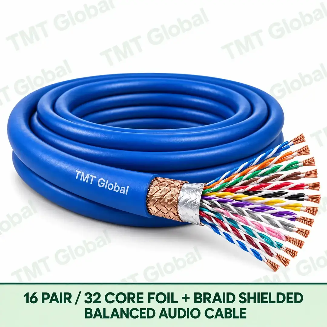 TMT Global 16 Pair 32 Core Foil plus Braid Shielded Balanced Audio Cable product image showing the cable coil and exposed conductor cutaway. TMT Global 16 Pair 32 Core Foil plus Braid Shielded Balanced Audio Cable product image showing the cable coil and exposed conductor cutaway.