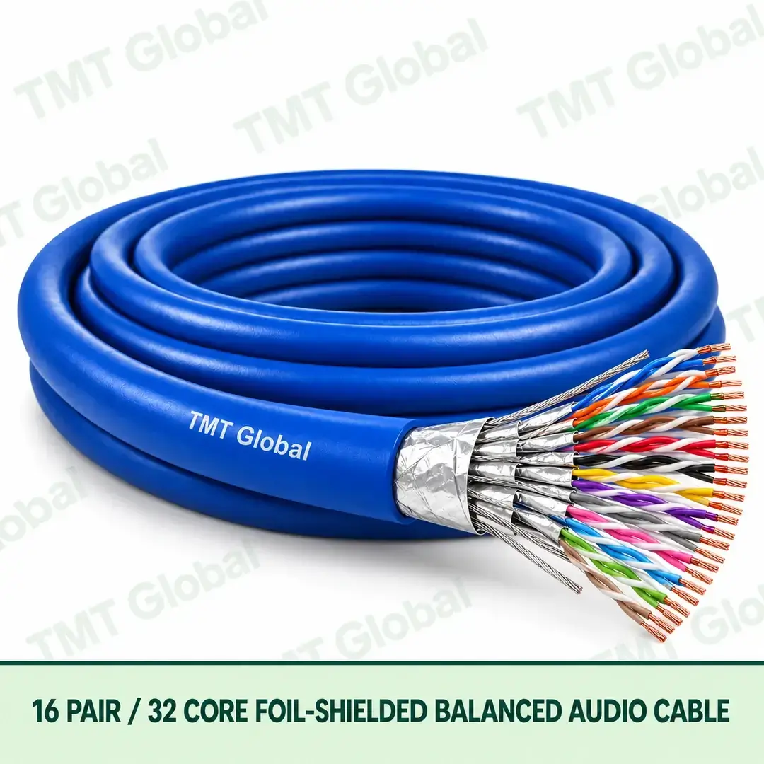 TMT Global 16 Pair 32 Core Foil Shielded Balanced Audio Cable product image showing the cable coil and exposed conductor cutaway. TMT Global 16 Pair 32 Core Foil Shielded Balanced Audio Cable product image showing the cable coil and exposed conductor cutaway.